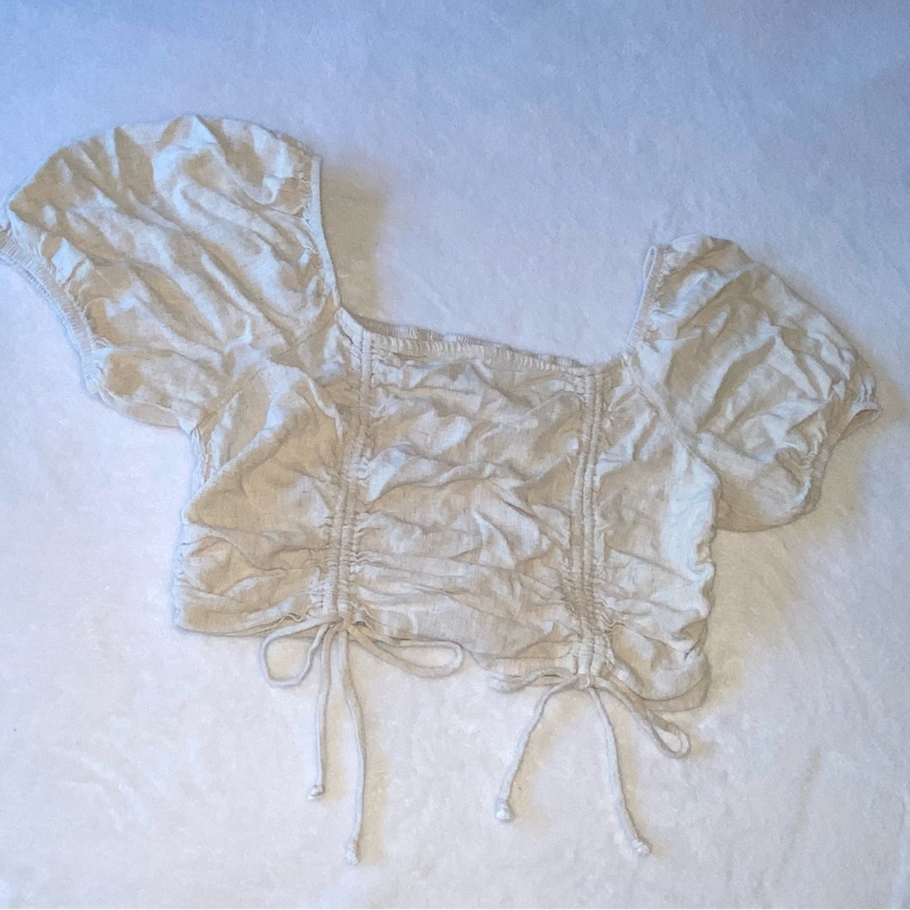 Wild Fable Cream Peasant Puff Sleeve Drawstring Ruched Crop Top Size XL